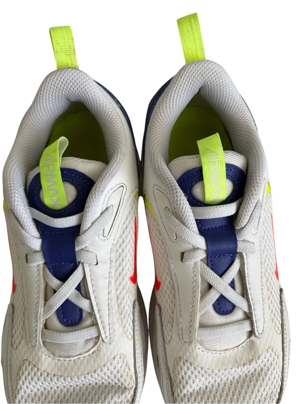 Nike Kids White Sneakers with Neon Yellow & Royal Blue Accents
